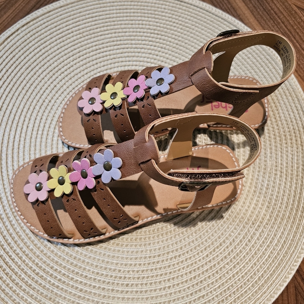 NWT Rachel Shoes Brown Sandals with Colorful Floral Design